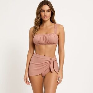 Sundazed Bikini Set Sarong Skirt Cover‎ Up Ruched Pink Swimsuit Beach M NWT